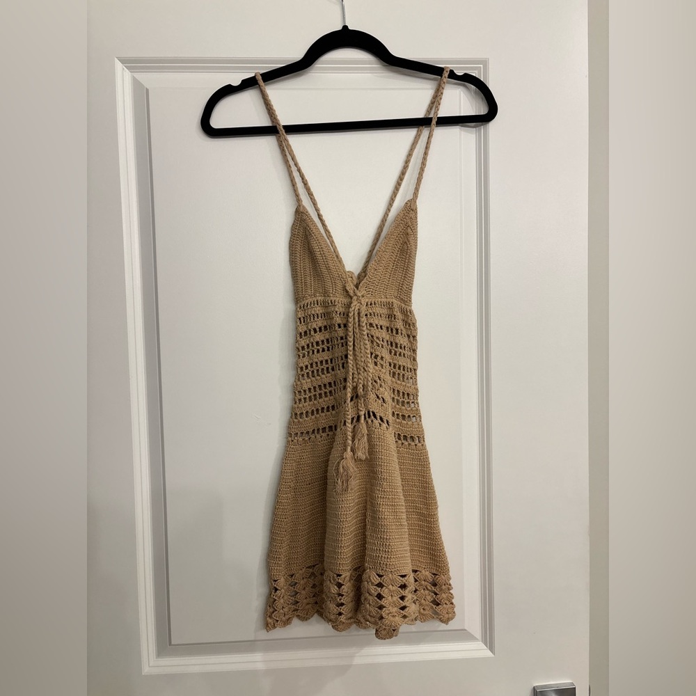 Indah Saskia Beige Crochet Mini Dress